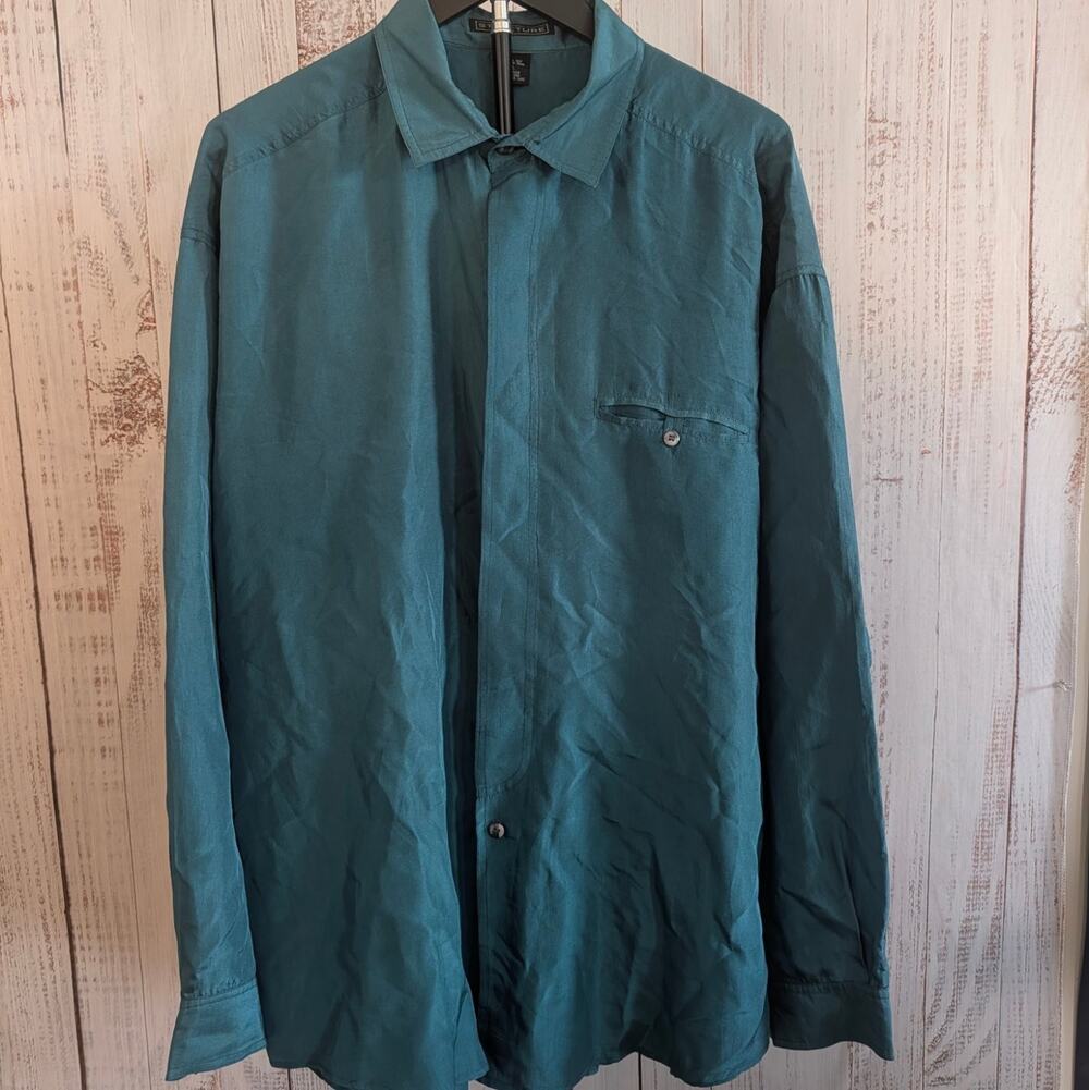 Vintage 90s Structure Silk Shirt Mens Large Teal Green Hidden Placket Minimalist